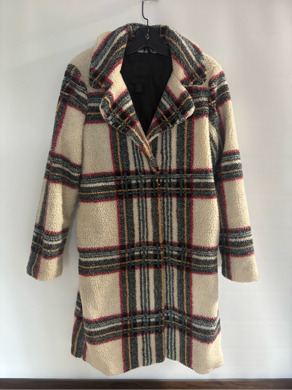 Women's Cream Plaid Teddy Coat with Stripe Detail